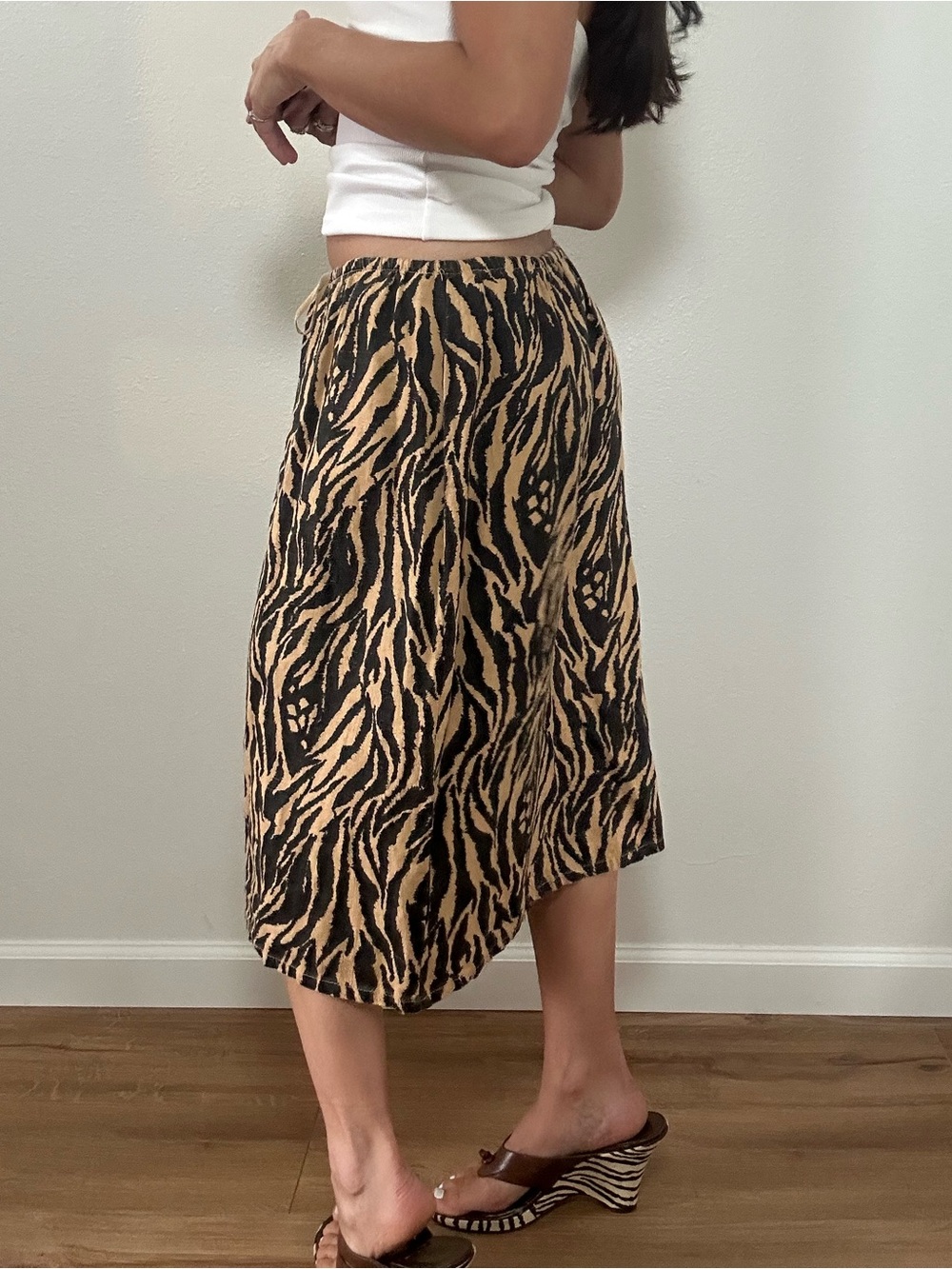 Vintage 90’s Linen Beige & Black Tiger Zebra Print Midi Skirt Drawstring Size L